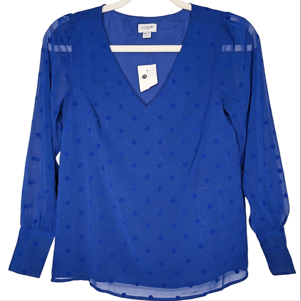 NWT J. Crew Royal Blue Sheer Chiffon Polka Dotted V Neck Layered Top PXXS
